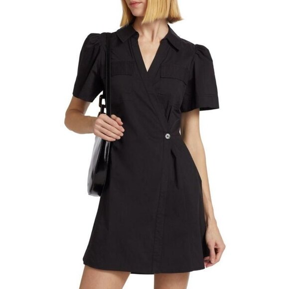 Tanya Taylor Cooper Black Mini Wrap Dress With Short Puff Sleeves size 2 - Picture 1 of 11